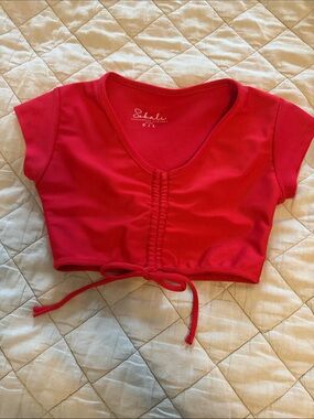 Kids Red Ribbed Cropped Tie-Front Tee
